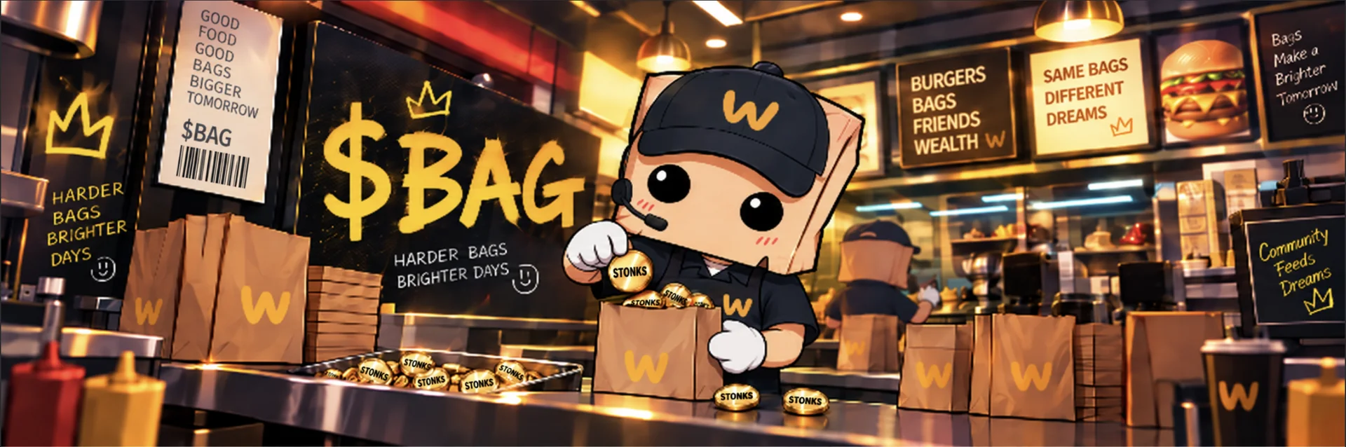 BAGMCD mascot and crew inside the BAG restaurant world