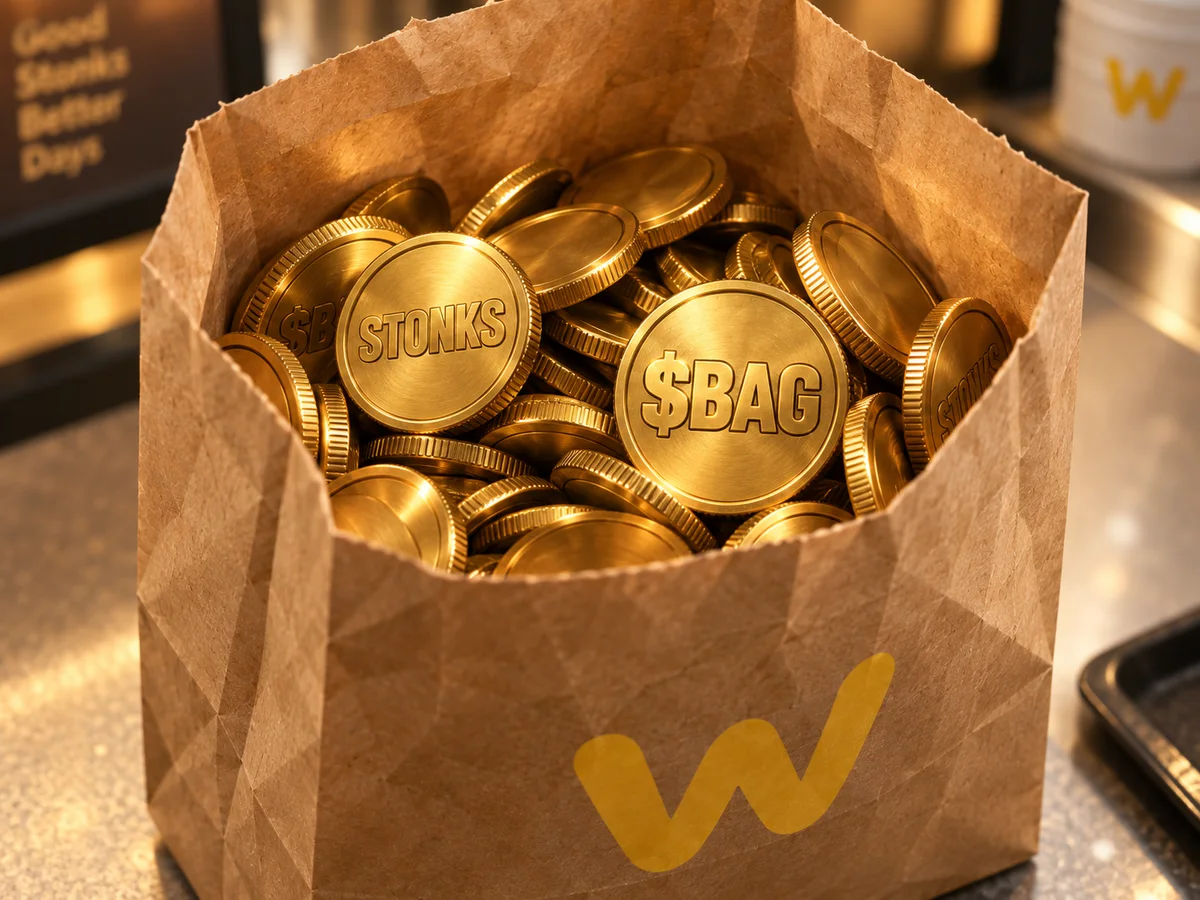 A kraft BAG filled with gold $BAG and STONKS coins